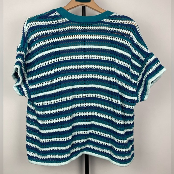 Lane Bryant Blue Striped Short Sleeve Cropped Crochet Knit Open Front Cardigan - Picture 3 of 6